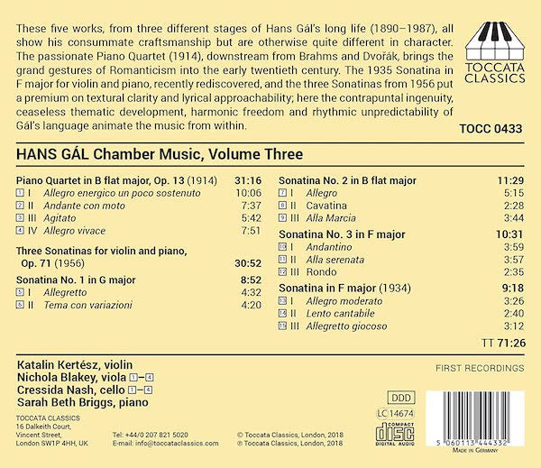 Hans Gal, Katalin Kertész, Nichola Blakey, Cressida Nash, Sarah Briggs (2) : Chamber Music, Volume Three (CD, Album)