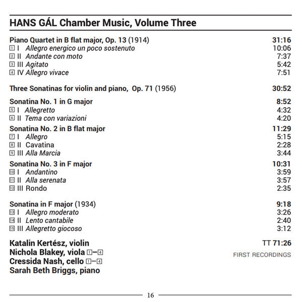 Hans Gal, Katalin Kertész, Nichola Blakey, Cressida Nash, Sarah Briggs (2) : Chamber Music, Volume Three (CD, Album)