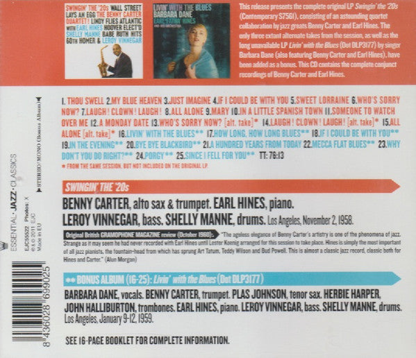 The Benny Carter Quartet With Leroy Vinnegar And Shelly Manne Plus Barbara Dane : Swingin' The '20s / Living' With The Blues (CD, Comp)