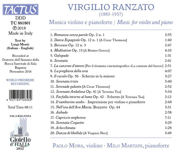 Virgilio Ranzato - Paolo Mora, Milo Martani : Musica Violino E Pianoforte (CD, Album)