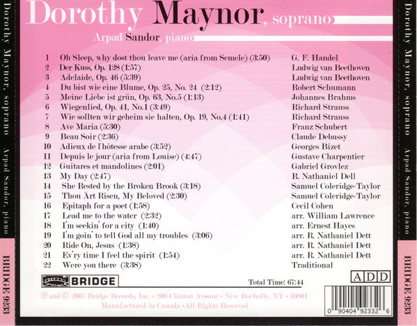 Dorothy Maynor : Dorothy Maynor, Soprano (CD, Album)