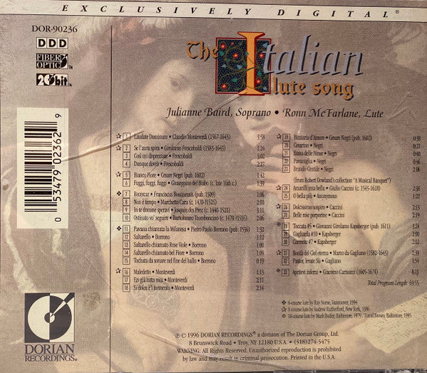 Julianne Baird, Ronn McFarlane : The Italian Lute Song (CD, Album, 20B)