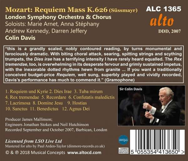 Wolfgang Amadeus Mozart • Sir Colin Davis, Marie Arnet • Anna Stéphany • Andrew Kennedy • Darren Jeffery • London Symphony Orchestra & London Symphony Chorus : Requiem (CD, Album, RE)