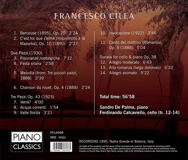 Francesco Cilea - Sandro De Palma : Acque Correnti (Piano Music, Cello Sonata) (CD, Album)