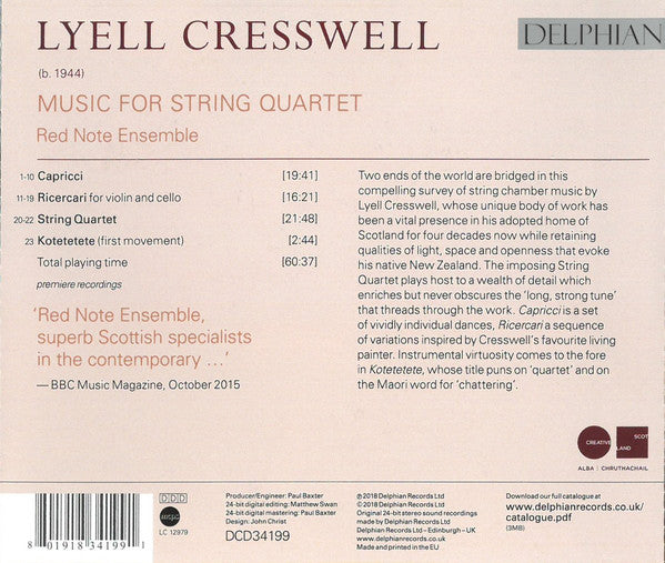 Lyell Cresswell, Red Note Ensemble : Music For String Quartet (CD, Album)