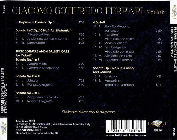 Giacomo Gotifredo Ferrari - Stefania Neonato : Sonatas & Balletti (CD, Album)