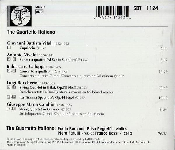 Quartetto Italiano, Giovanni Battista Vitali, Antonio Vivaldi, Baldassare Galuppi, Luigi Boccherini, Giovanni Giuseppe Cambini : The Quartetto Italiano (CD, Comp, Mono)