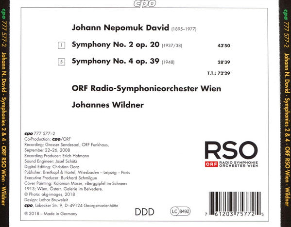 Johann Nepomuk David - ORF Radio-Symphonieorchester Wien, Johannes Wildner : Symphonies 2 & 4 (CD, Album)