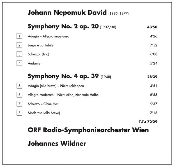 Johann Nepomuk David - ORF Radio-Symphonieorchester Wien, Johannes Wildner : Symphonies 2 & 4 (CD, Album)