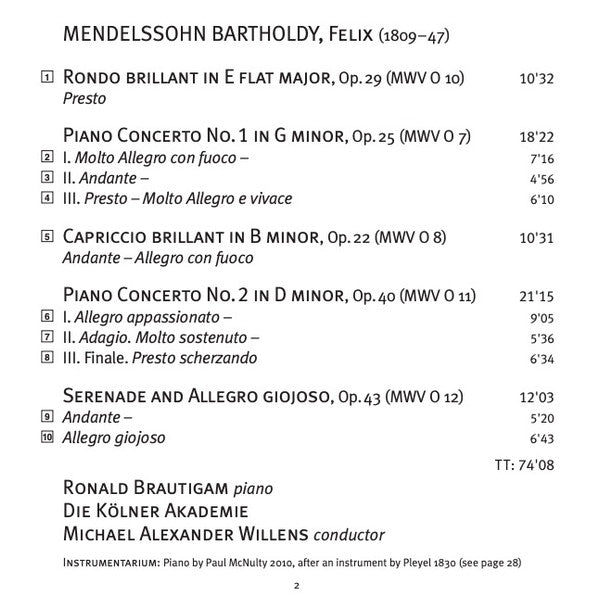 Mendelssohn*, Ronald Brautigam, Kölner Akademie, Michael Alexander Willens* : Piano Concertos (SACD, Hybrid, Multichannel, Album)