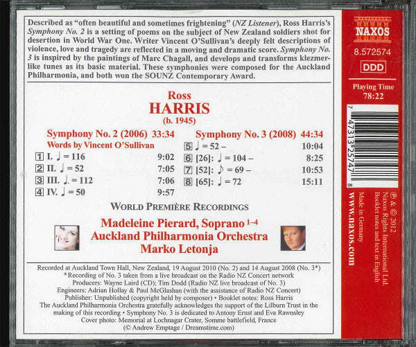 Ross Harris (2), Marko Letonja, Auckland Philharmonia Orchestra, Madeleine Pierard : Symphonies Nos. 2 And 3 (CD)