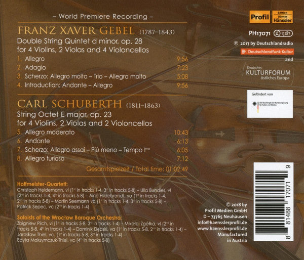 Franz Xaver Gebel, Carl Schuberth, Hoffmeister Quartett, Wrocławska Orkiestra Barokowa : Gebel, Schuberth (CD, Album)