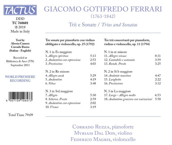Giacomo Gotifredo Ferrari, Corrado Ruzza, Myriam Dal Don, Federico Magris : Trii E Sonate (CD, Album)
