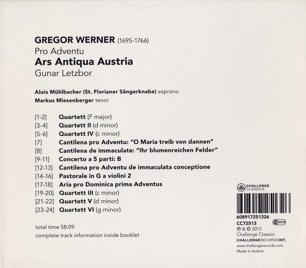 Gregor Joseph Werner –  Ars Antiqua Austria, Gunar Letzbor : Pro Adventu (CD, Album)