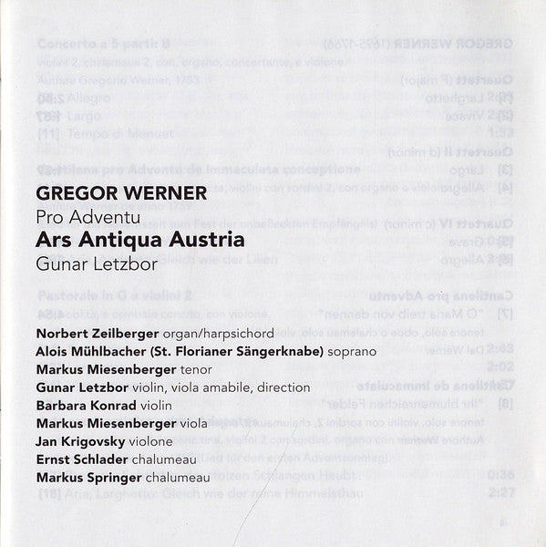 Gregor Joseph Werner –  Ars Antiqua Austria, Gunar Letzbor : Pro Adventu (CD, Album)
