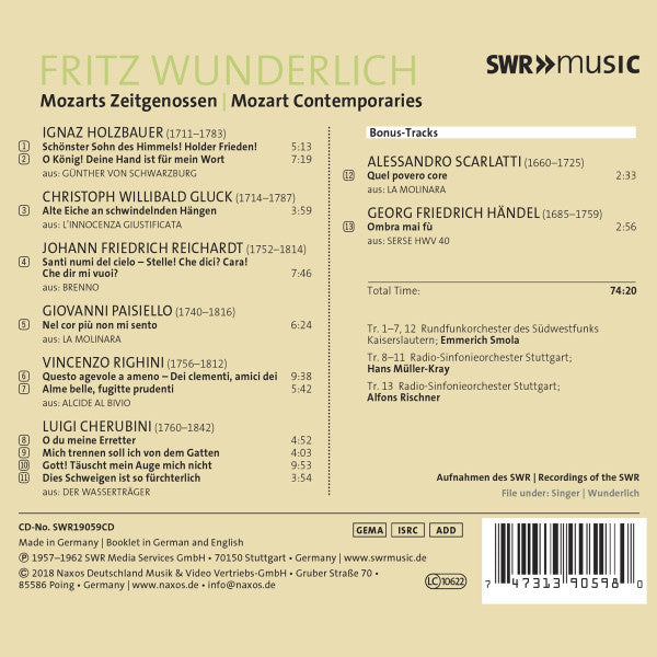 Luigi Cherubini, Christoph Willibald Gluck, Giovanni Paisiello, Vincenzo Righini, Fritz Wunderlich : Mozarts Zeitgenossen (CD, Comp, RM)