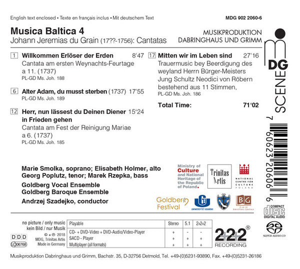 Johann Jeremias du Grain, Marie Smolka, Elisabeth Holmer, Georg Poplutz, Marek Rzepka, Goldberg Baroque Ensemble, Andrzej Szadejko : Sacred Cantatas (SACD, Hybrid, Multichannel, Album)