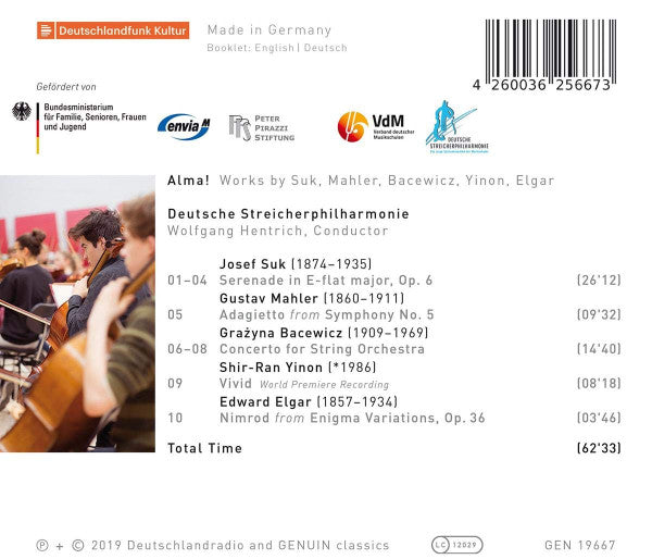 Josef Suk (2), Gustav Mahler, Grażyna Bacewicz, Shir-Ran Yinon, Sir Edward Elgar - Deutsche Streicherphilharmonie Conductor Wolfgang Hentrich : Alma! (Works By Suk, Mahler, Bacewicz, Yinon And Elgar) (CD, Album)