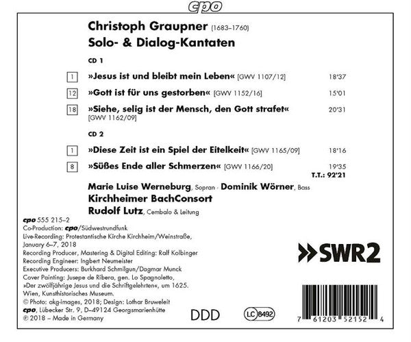 Christoph Graupner, Marie Luise Werneburg, Dominik Wörner, Kirchheimer BachConsort, Rudolf Lutz : Jesus Ist Und Bleibt Mein Leben (Solo- & Dialog-Kantaten) (2xCD, Album)
