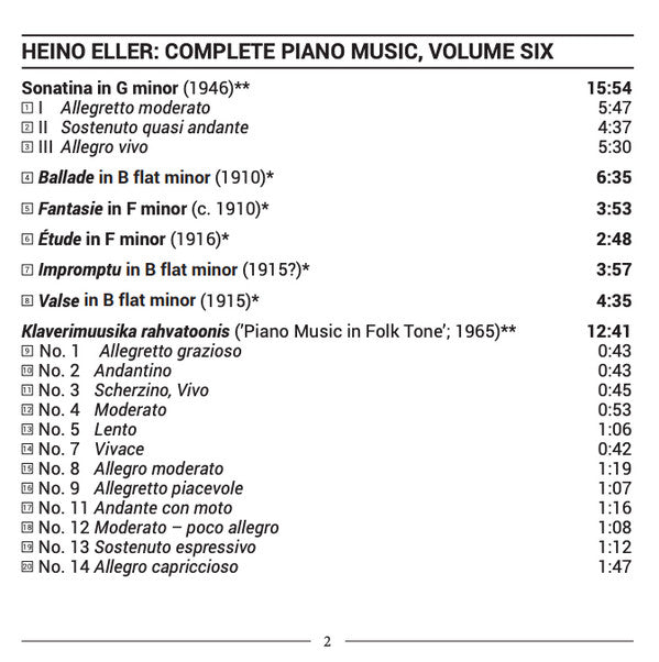 Heino Eller, Sten Lassmann : Complete Piano Music, Volume Six (CD, Album)