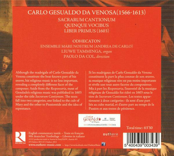 Carlo Gesualdo – Odhecaton (2), Ensemble Mare Nostrum, Paolo Da Col : Sacrarum Cantionum Quinque Vocibus (CD, Album)