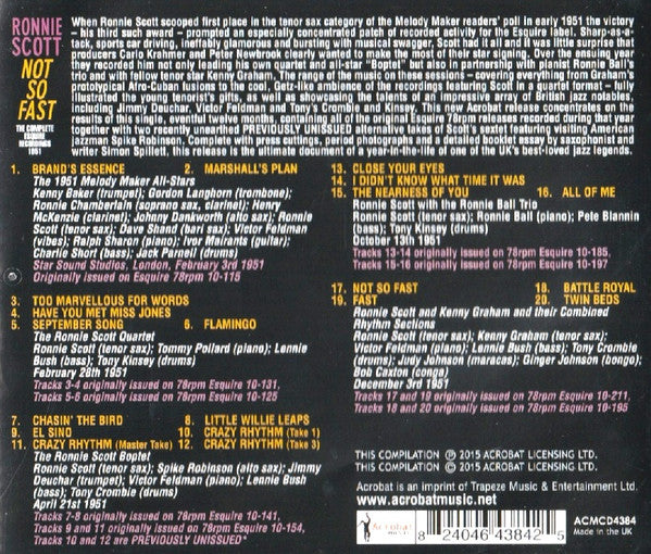 Ronnie Scott : Not So Fast, The Complete Esquire Recordings 1951 (CDr, Comp)