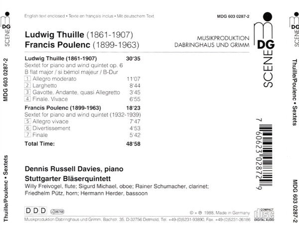 Ludwig Thuille, Francis Poulenc, Dennis Russell Davies, Stuttgarter Bläserquintett : Sextets For Piano And Wind Quintet (CD, Album, RE)