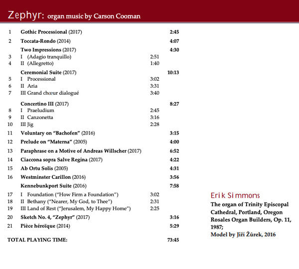 Carson Cooman, Erik Simmons : Zephyr: Music For Organ By Carson Cooman: Vol. 8 (CD, Album)