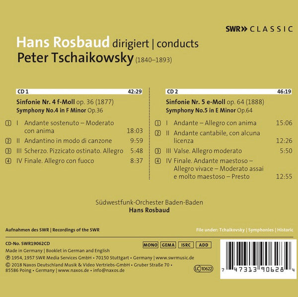Pyotr Ilyich Tchaikovsky, Südwestfunkorchester Baden-Baden, Hans Rosbaud : Sinfonien 4 & 5 (2xCD, Album, Mono, RM)