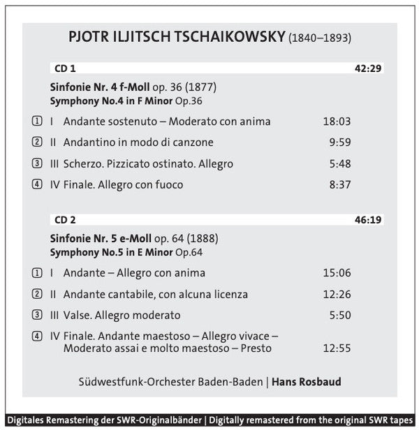 Pyotr Ilyich Tchaikovsky, Südwestfunkorchester Baden-Baden, Hans Rosbaud : Sinfonien 4 & 5 (2xCD, Album, Mono, RM)