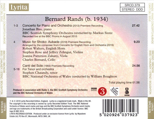 Bernard Rands : Piano Concerto / Aubade / Canti Del Sole (CD)