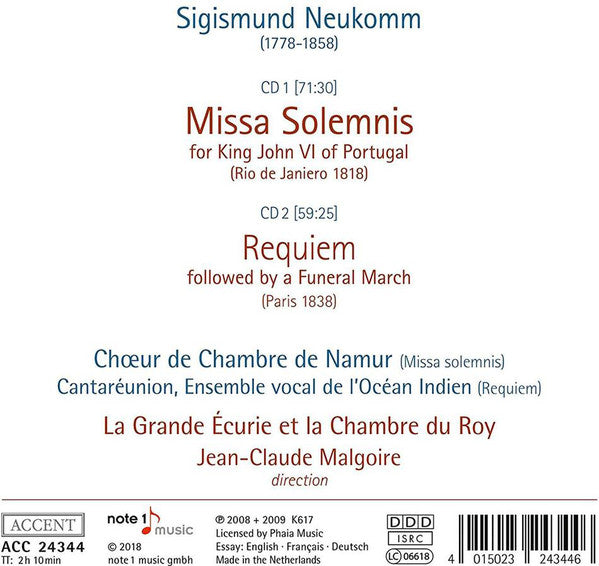 Sigismund Neukomm - Choeur de Chambre de Namur, La Grande Ecurie Et La Chambre Du Roy, Jean-Claude Malgoire : Missa Solemnis / Requiem (2xCD, RE)