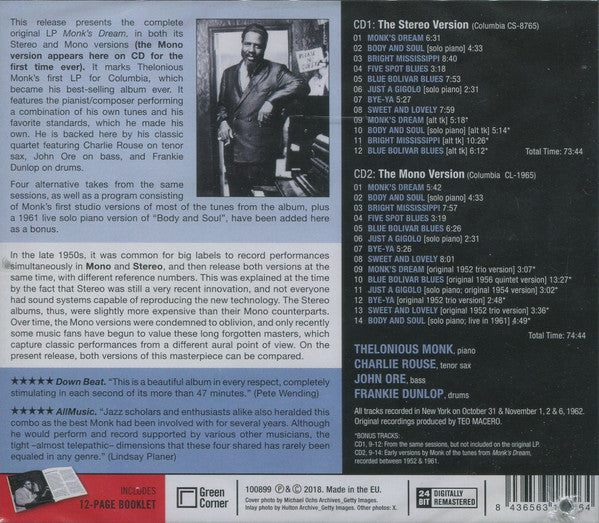 The Thelonious Monk Quartet : Monk's Dream (CD, Album + CD, Album, Mono + Ltd, RE, RM)