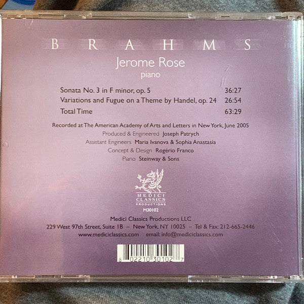 Johannes Brahms, Jerome Rose : Sonata No. 3 F Minor & Handel Variations (CD, Album)