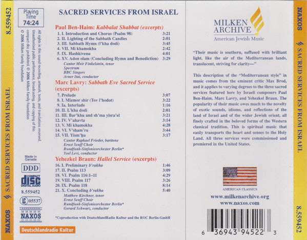 Paul Ben-Haim, Marc Lavry, Yehezkel Braun : Sacred Services From Israel (CD, Album)