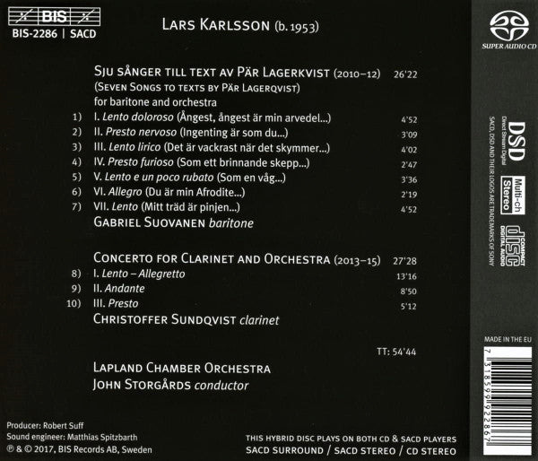 Lars Karlsson, Gabriel Suovanen, Christoffer Sundqvist, Chamber Orchestra Of Lapland, John Storgårds : Seven Songs • Clarinet Concerto (SACD, Hybrid, Multichannel, Album)