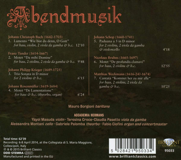 Johann Rosenmüller • Nikolaus Bruhns • Franz Tunder • Matthias Weckmann • Johann Christian Bach, Mauro Borgioni, Accademia Hermans, Fabio Ciofini : Abendmusik - Cantatas For Solo Bass (CD)