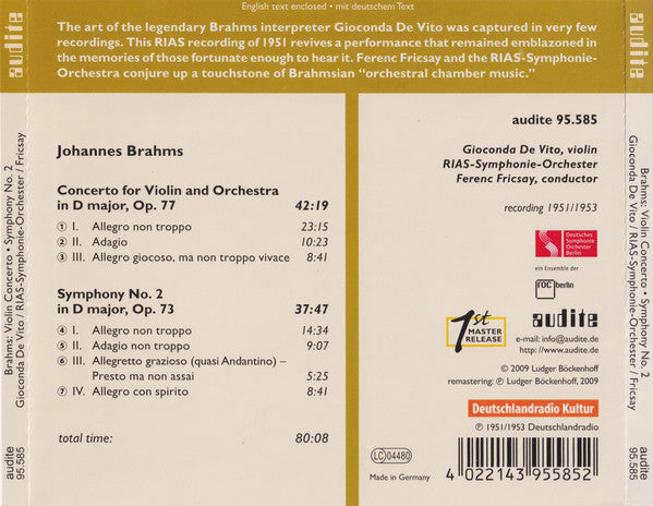 Ferenc Fricsay, Gioconda De Vito, Johannes Brahms : Violin Concerto In D Major / Symphony No. 2 In D Major (CD, Mono, RM)