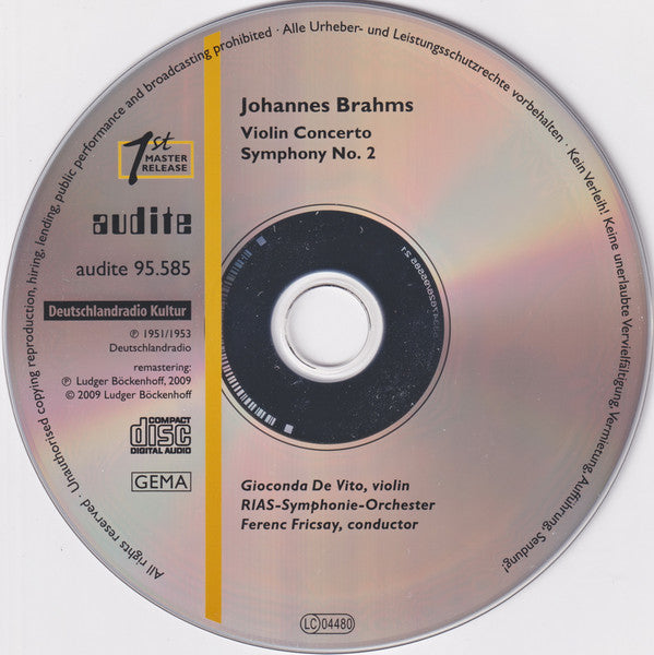 Ferenc Fricsay, Gioconda De Vito, Johannes Brahms : Violin Concerto In D Major / Symphony No. 2 In D Major (CD, Mono, RM)
