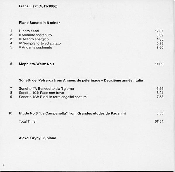 Franz Liszt, Alexei Grynyuk : Sonata In B Minor, Petrarch Sonnets, Mephisto-Waltz, La Campanella (CD, Album)