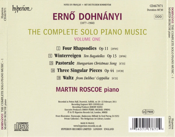Ernst von Dohnányi, Martin Roscoe : The Complete Solo Piano Music Volume One (CD, Album)