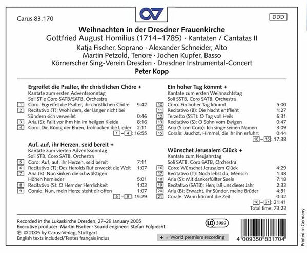 Gottfried August Homilius  - Körnerscher Sing-Verein Dresden  / Dresdner Instrumental-Concert  / Peter Kopp : Weihnachten In Der Dresdner Frauenkirche (Cantatas II) (CD, Album)