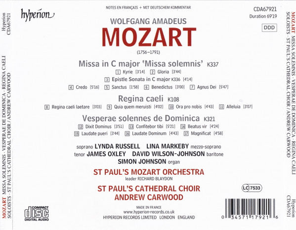 Wolfgang Amadeus Mozart • Lynda Russell • Lina Markeby • James Oxley • David Wilson-Johnson, St. Paul's Cathedral Choir, St. Paul's Mozart Orchestra, Andrew Carwood : Missa Solemnis - Vesperae De Domenica K321 - Regina Caeli K108 (CD, Album)