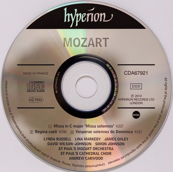 Wolfgang Amadeus Mozart • Lynda Russell • Lina Markeby • James Oxley • David Wilson-Johnson, St. Paul's Cathedral Choir, St. Paul's Mozart Orchestra, Andrew Carwood : Missa Solemnis - Vesperae De Domenica K321 - Regina Caeli K108 (CD, Album)