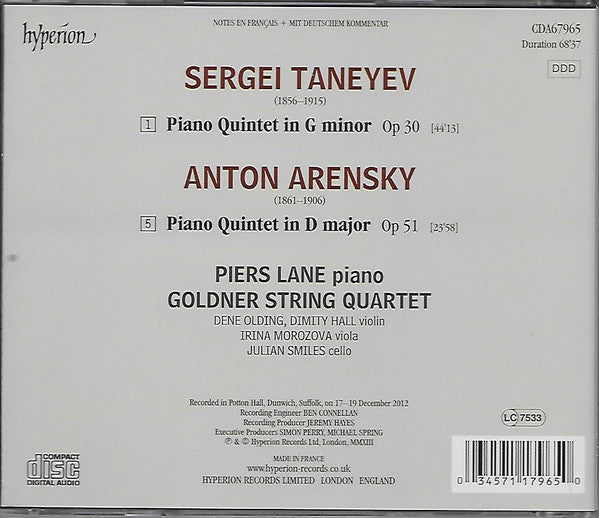 Anton Stepanovich Arensky / Sergey Ivanovich Taneyev - Goldner String Quartet, Piers Lane : Piano Quintet Op. 51 / Piano Quintet Op. 30 (CD, Album)