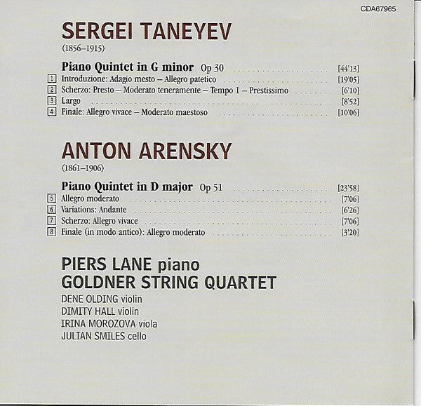 Anton Stepanovich Arensky / Sergey Ivanovich Taneyev - Goldner String Quartet, Piers Lane : Piano Quintet Op. 51 / Piano Quintet Op. 30 (CD, Album)