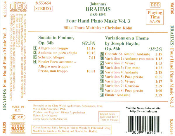 Johannes Brahms : Silke-Thora Matthies • Christian Köhn : Four Hand Piano Music Vol. 3 (Sonata In F Minor / Variations On A Theme By Joseph Haydn) (CD, Album)