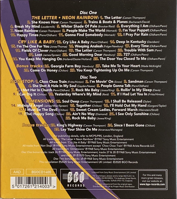 Box Tops : The Letter・Neon Rainbow / Cry Like A Baby / Non Stop / Dimensions (2xCD, Comp, RM, O-c)