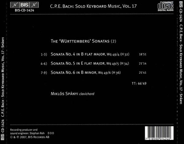 Carl Philipp Emanuel Bach, Miklos Spanyi : 'Württemberg' Sonatas (2) (CD)