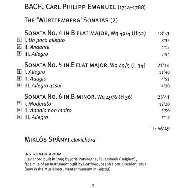 Carl Philipp Emanuel Bach, Miklos Spanyi : 'Württemberg' Sonatas (2) (CD)